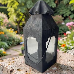 RUSTIC METAL AND GLASS LANTERN CANDLEHOLDER